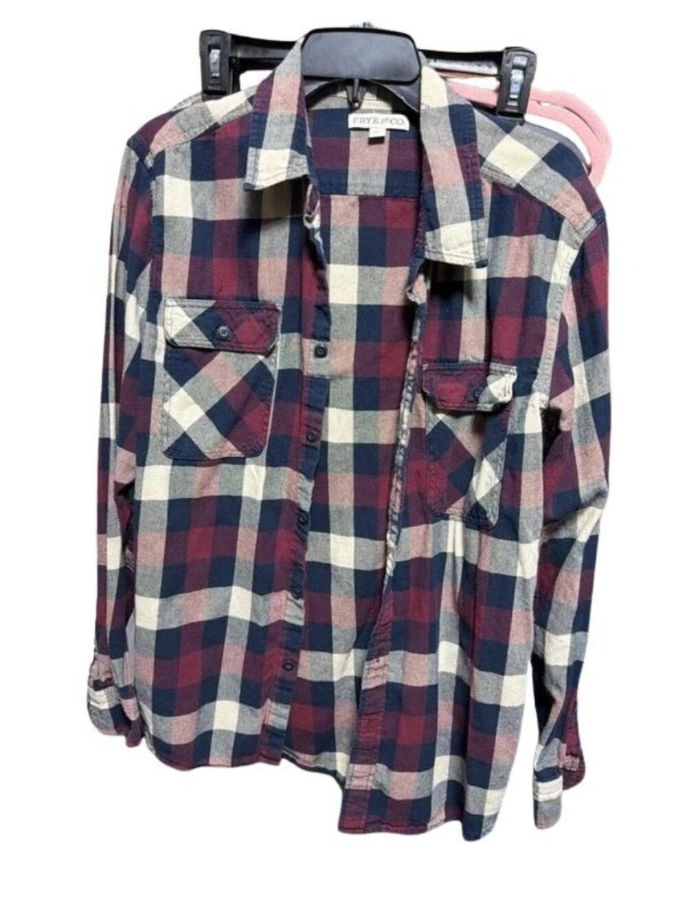 Frye & Co Womens Plaid Check Button Front Shirt Large Burgundy Navy Cream Fall